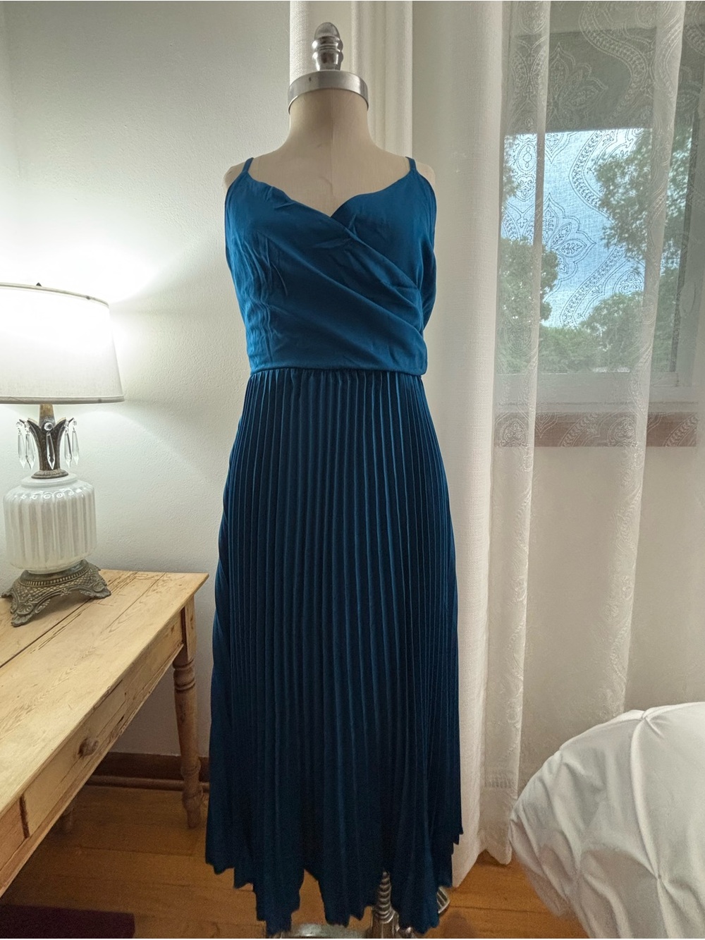 Zaful Teal Blue Pleated Midi Dress with Wrap-Style Bodice, L, EUC